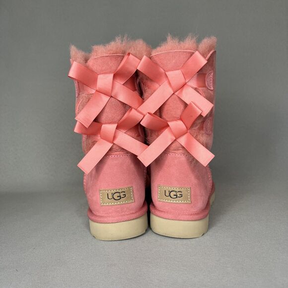 Women's Ugg Boots Size 7 Pink Bailey Bow Suede Wool Coquette Sold Out 1016225 - Picture 1 of 14